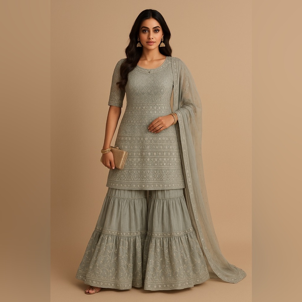 Elegant Gray Embroidered Sharara Set NWT Size L